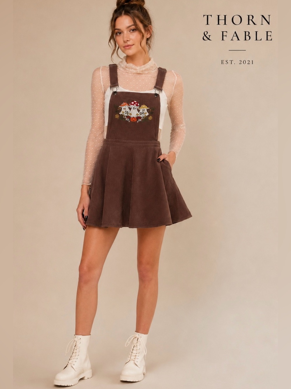 Thorn & Fable Ghost Mushroom Corduroy Skirtall Brown Embroidered S Overall Dress